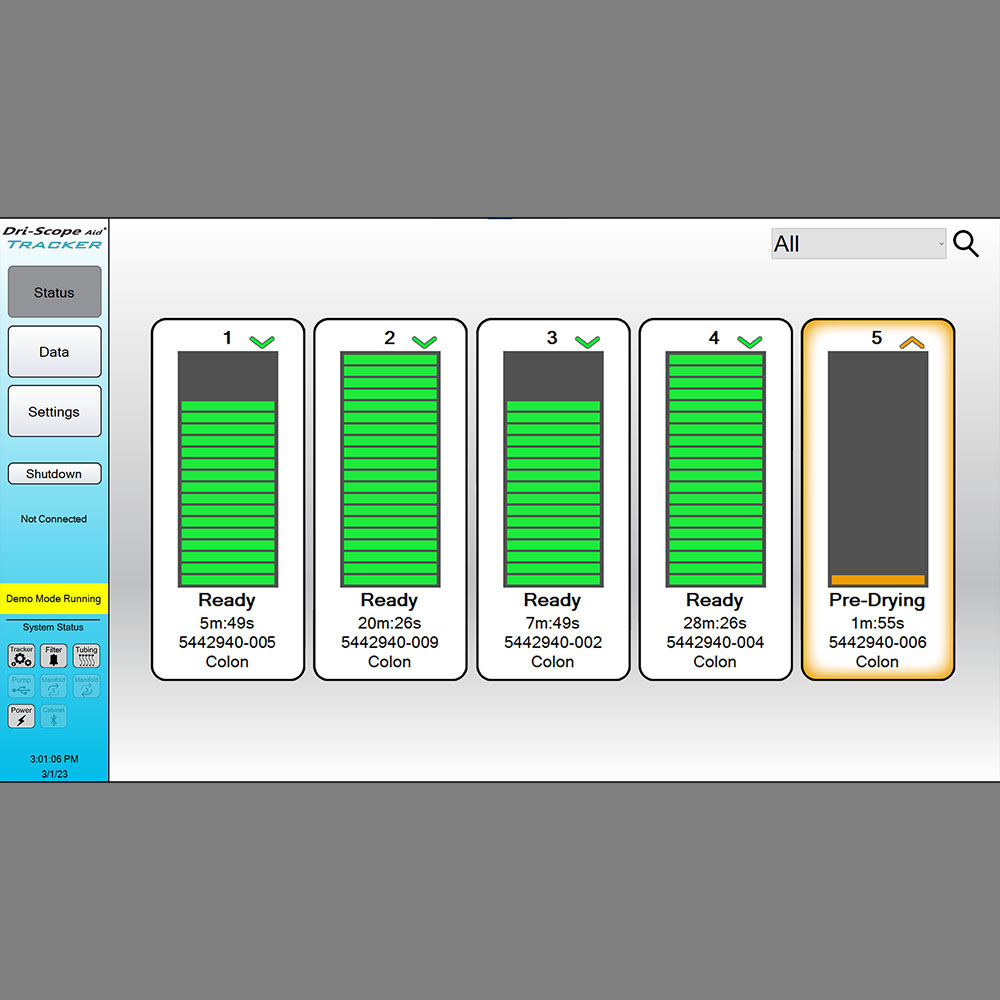 Touchscreen display on SureDry Smart Scope Cabinet with tracker interface
