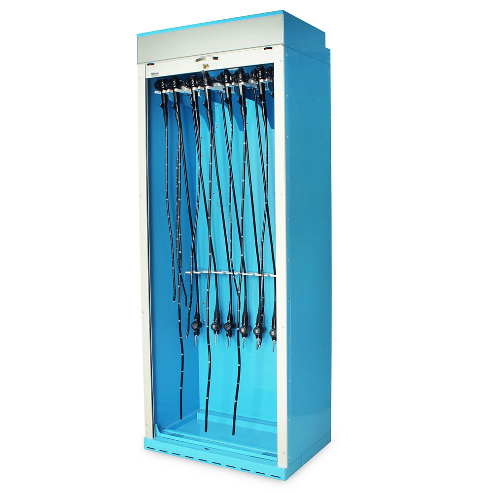 SureDry scope cabinet with tambour door shown open with scopes inside