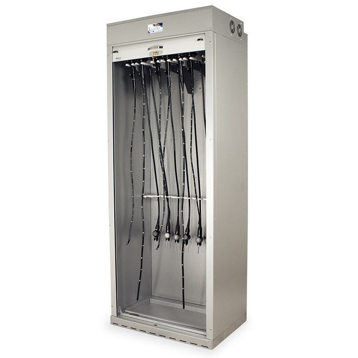 SureDry 14-scope cabinet in silver finish with open tambour door
