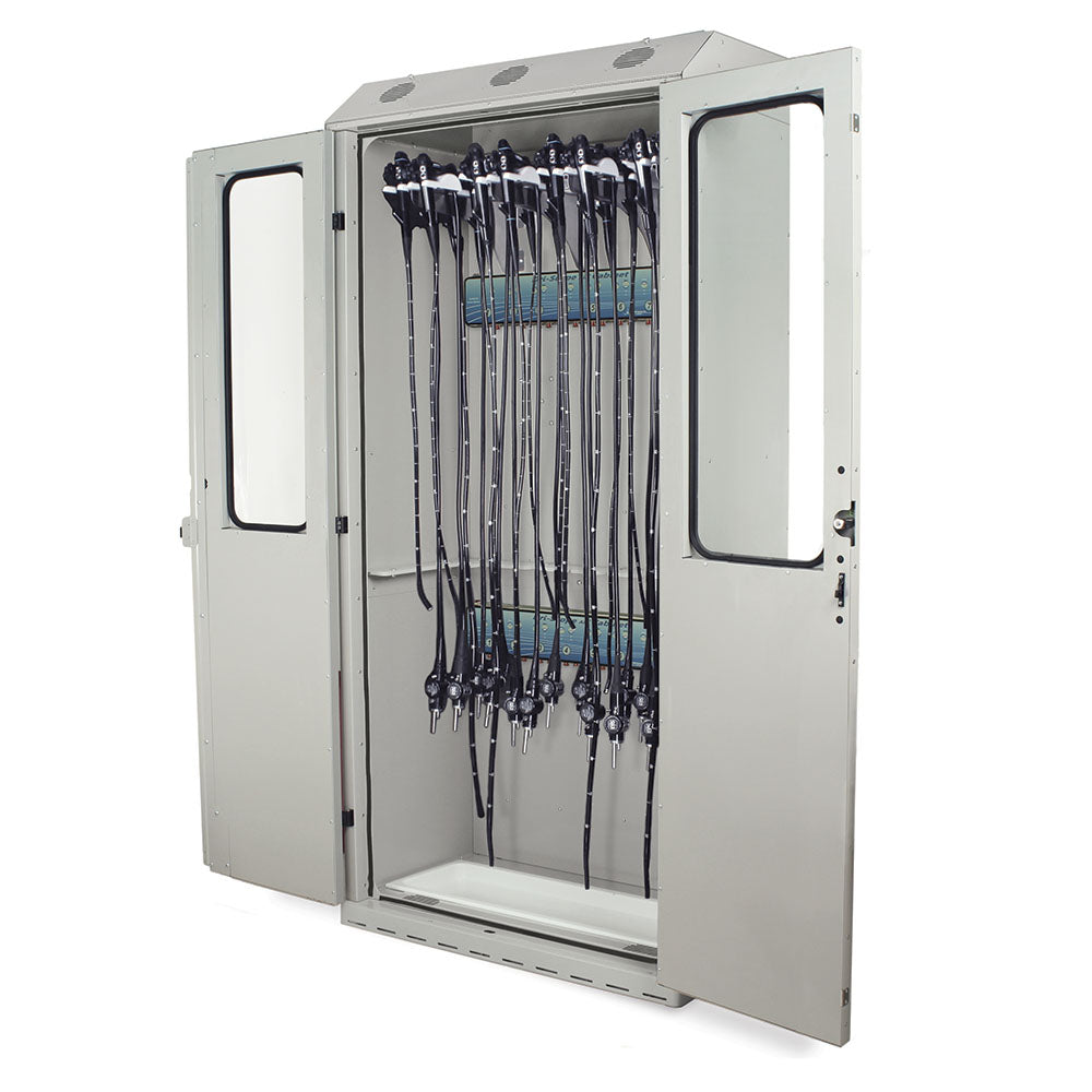SureDry High Volume 16?Scope Cabinet with Dri?Scope Aid® and E?Lock, open view with mounted scopes in light gray finish