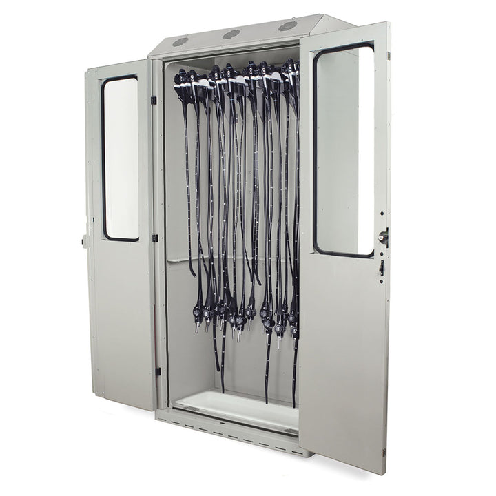 SureDry High Volume Positive Pressure Scope Cabinet open with mounted scopes in light gray finish