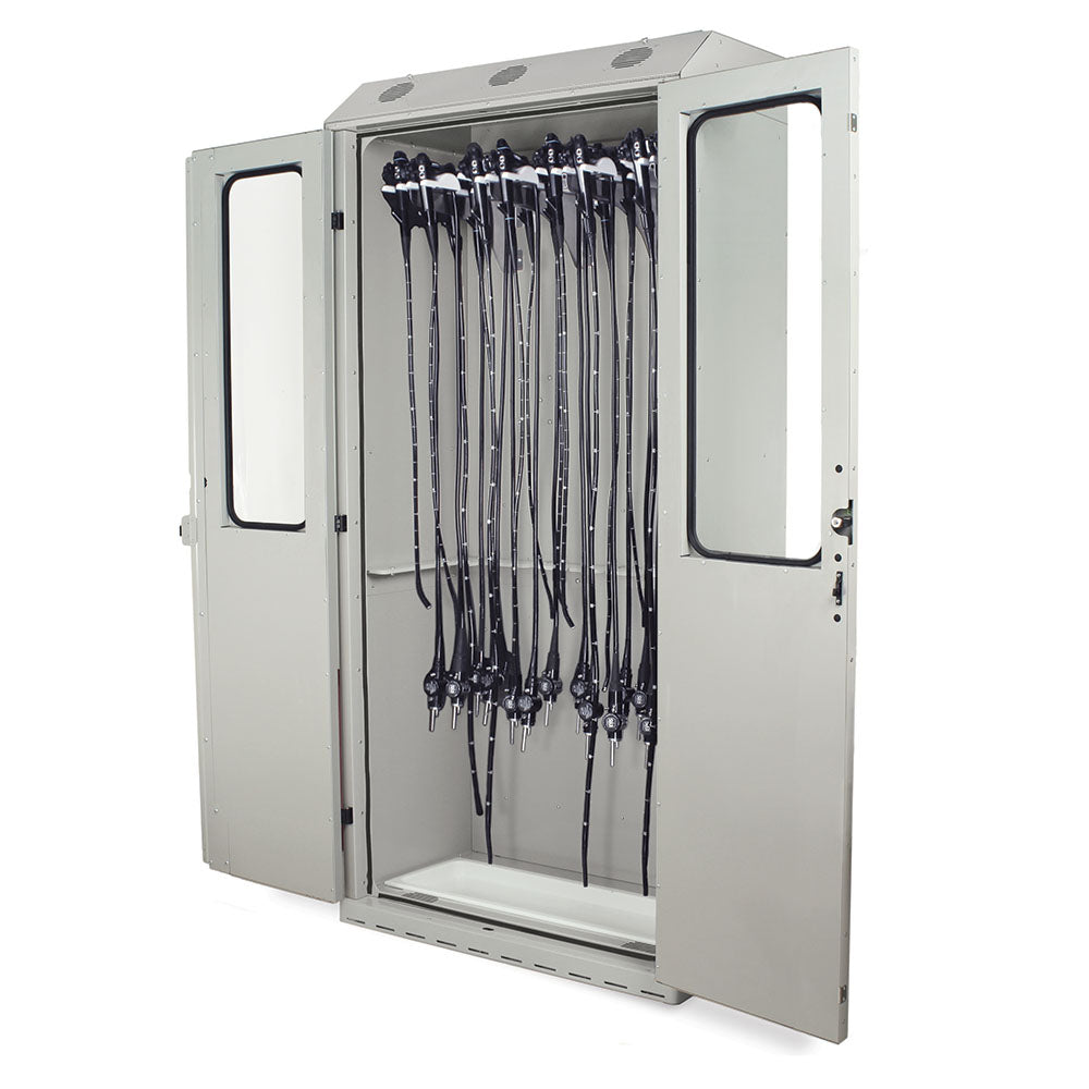SureDry High Volume 16?Scope Drying Cabinet open with mounted scopes in light gray finish