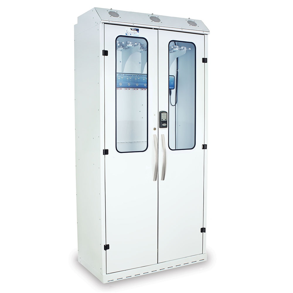 SureDry High-Capacity Scope Cabinet – Quarter right closed view in white with Prox lock