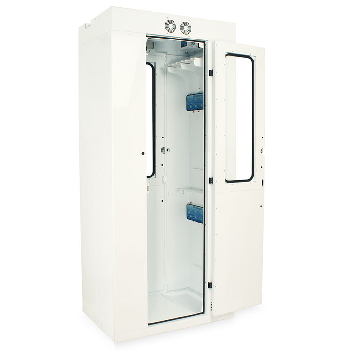 Quarter view of endoscope cabinet showing tempered glass and scope mounts