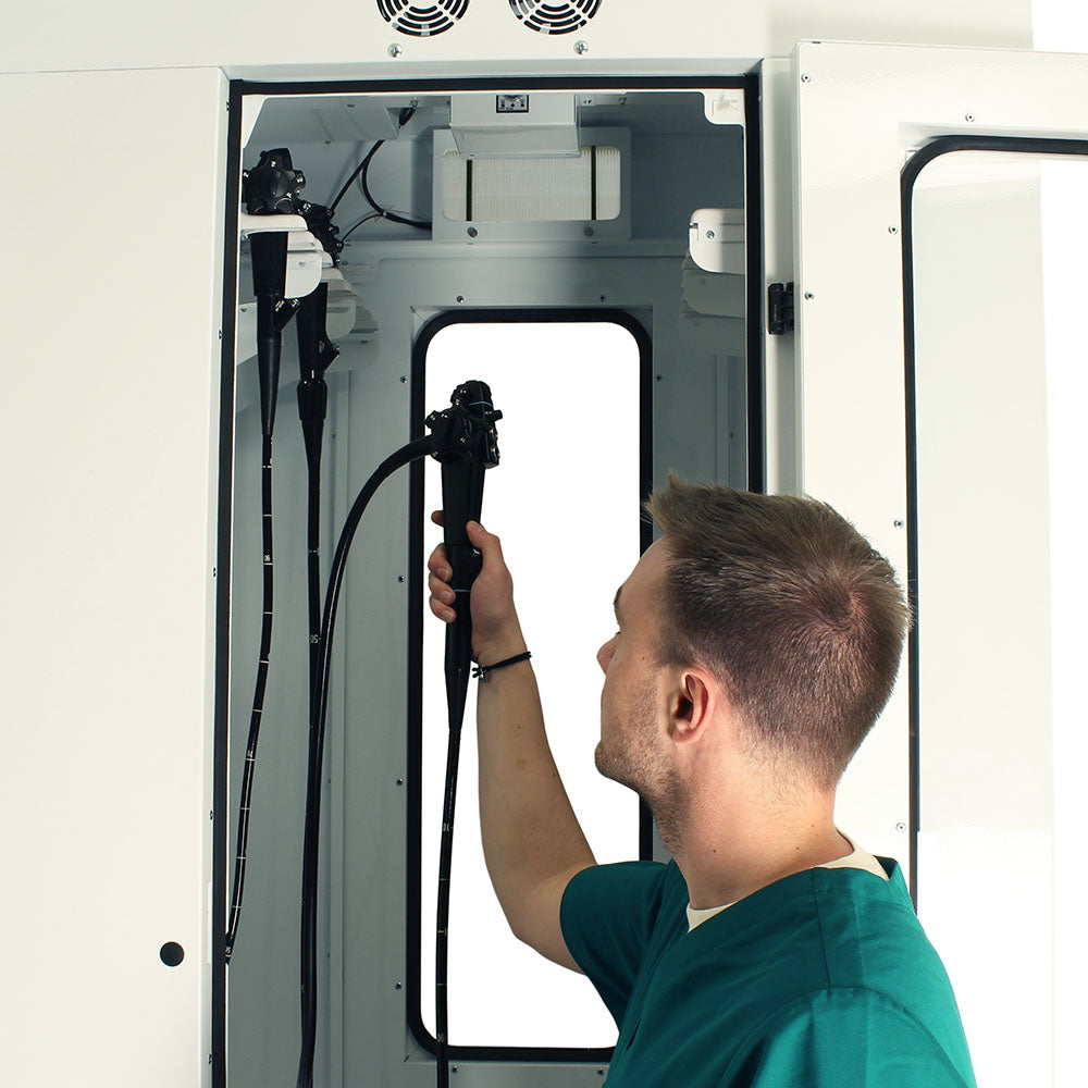 Interior detail of SureDry Pass-Through Cabinet with lighting and mounts