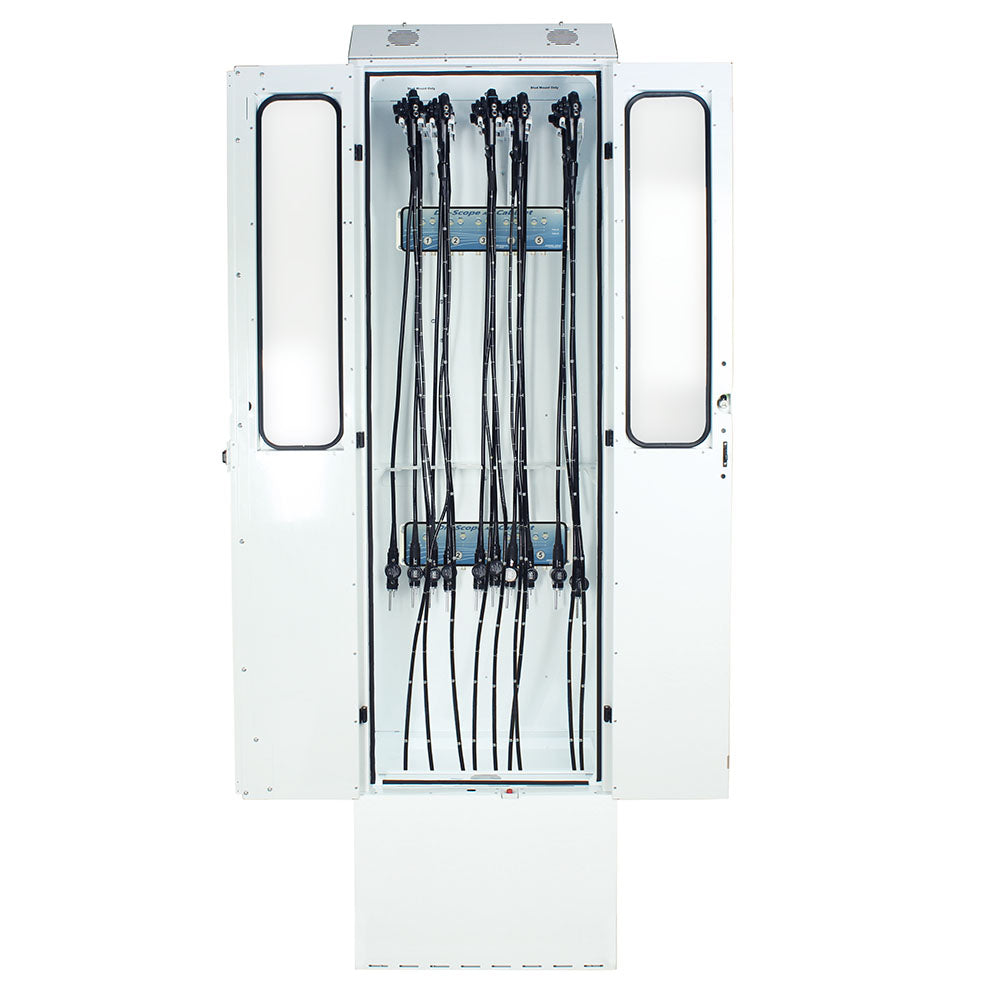 SureDry Enteroscope Cabinet – White cabinet front open with scopes inside
