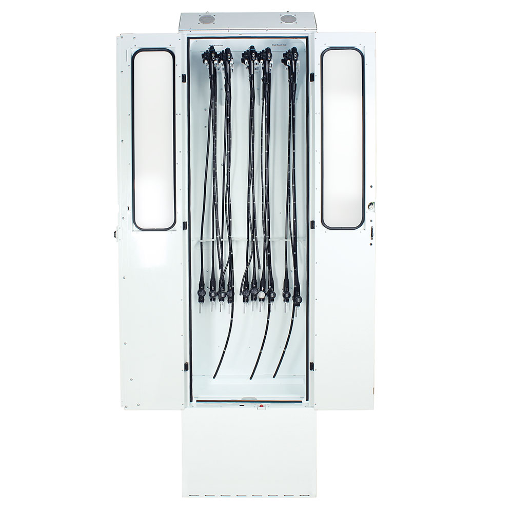 SureDry Flexible Enteroscope Cabinet – White model open with 10 scopes