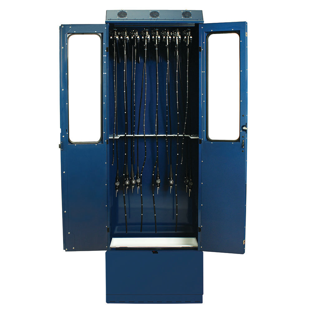 SureDry 14 Enteroscope Cabinet – Navy cabinet open with scopes hanging