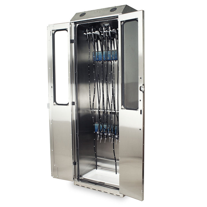 SureDry 10 Scope Stainless Cabinet – Open cabinet with scopes loaded