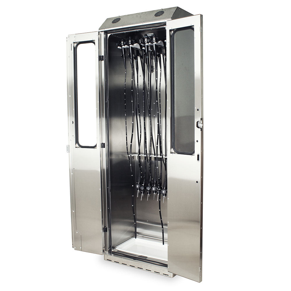 SureDry Stainless Steel Drying Cabinet, open view with scopes, left angle