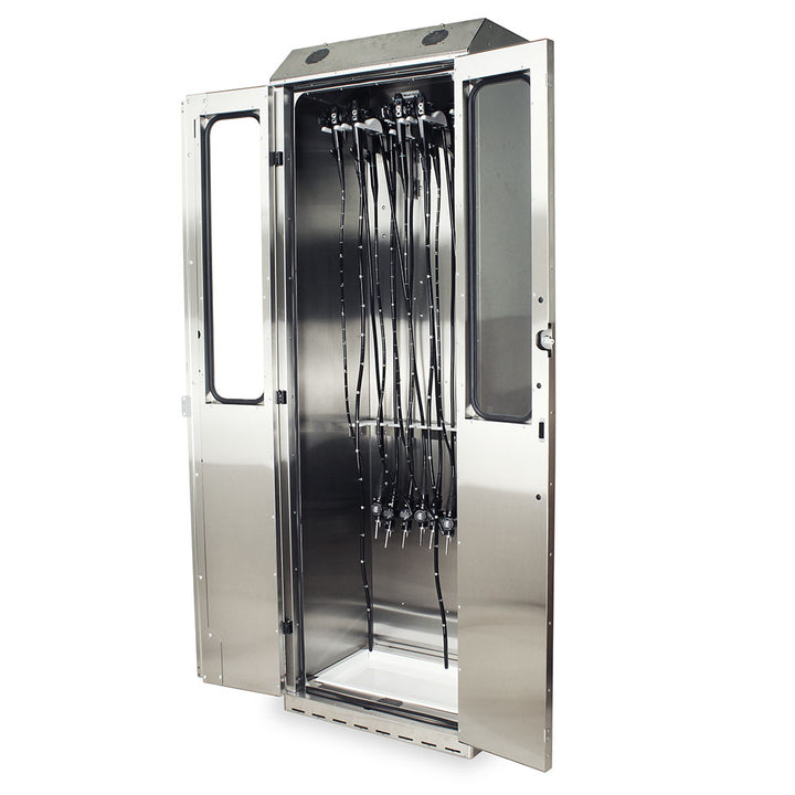 SureDry Stainless Steel 10-Scope Drying Cabinet, open with scopes left view
