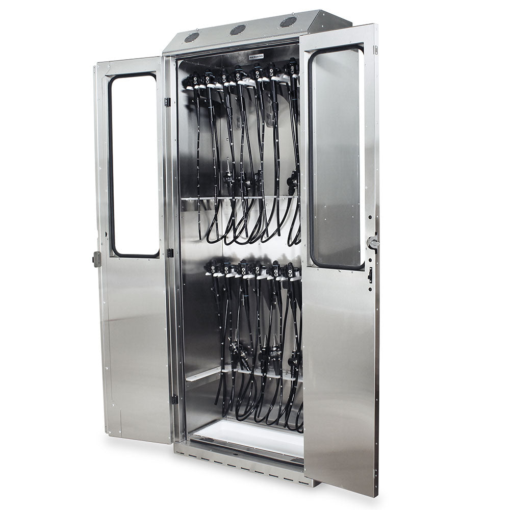 SureDry 16-Scope Bronchoscopy Cabinet, stainless steel, open with bronchoscopes