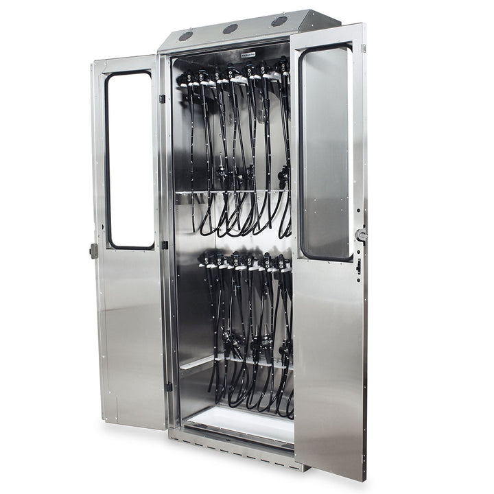SureDry 16-Scope Bronchoscopy Cabinet, stainless steel, open with bronchoscopes