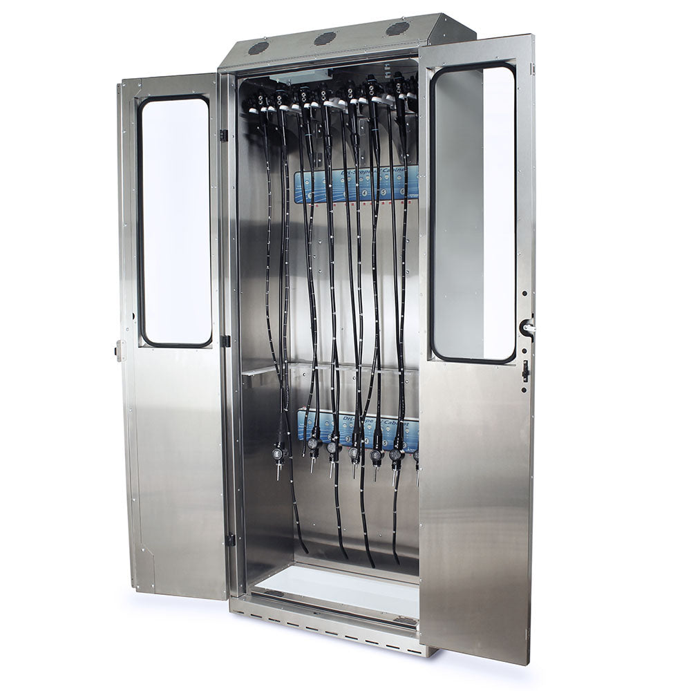 Stainless SureDry 14 Scope Cabinet with Dri-Scope Aid open with scopes mounted