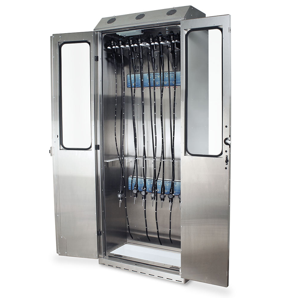 Stainless SureDry endoscope drying cabinet open with mounted scopes