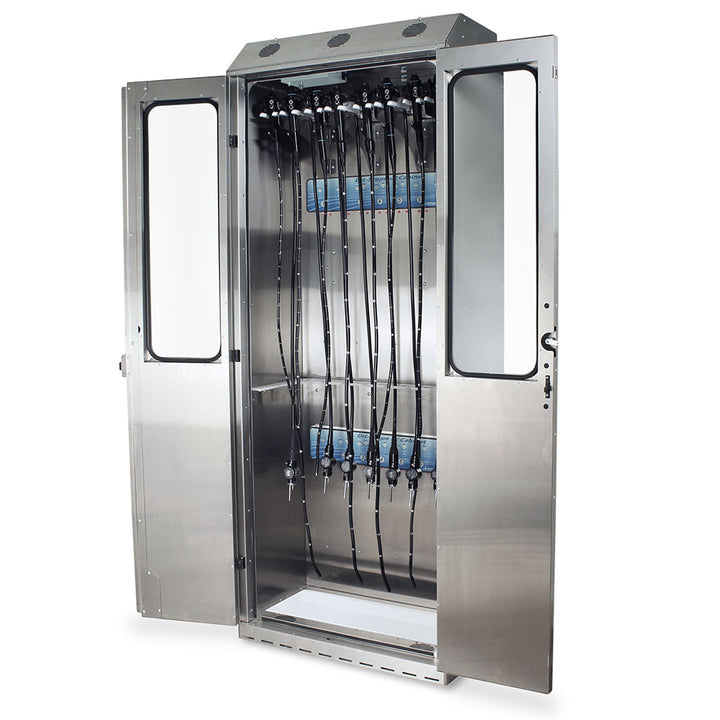 Stainless SureDry endoscope drying cabinet open with mounted scopes
