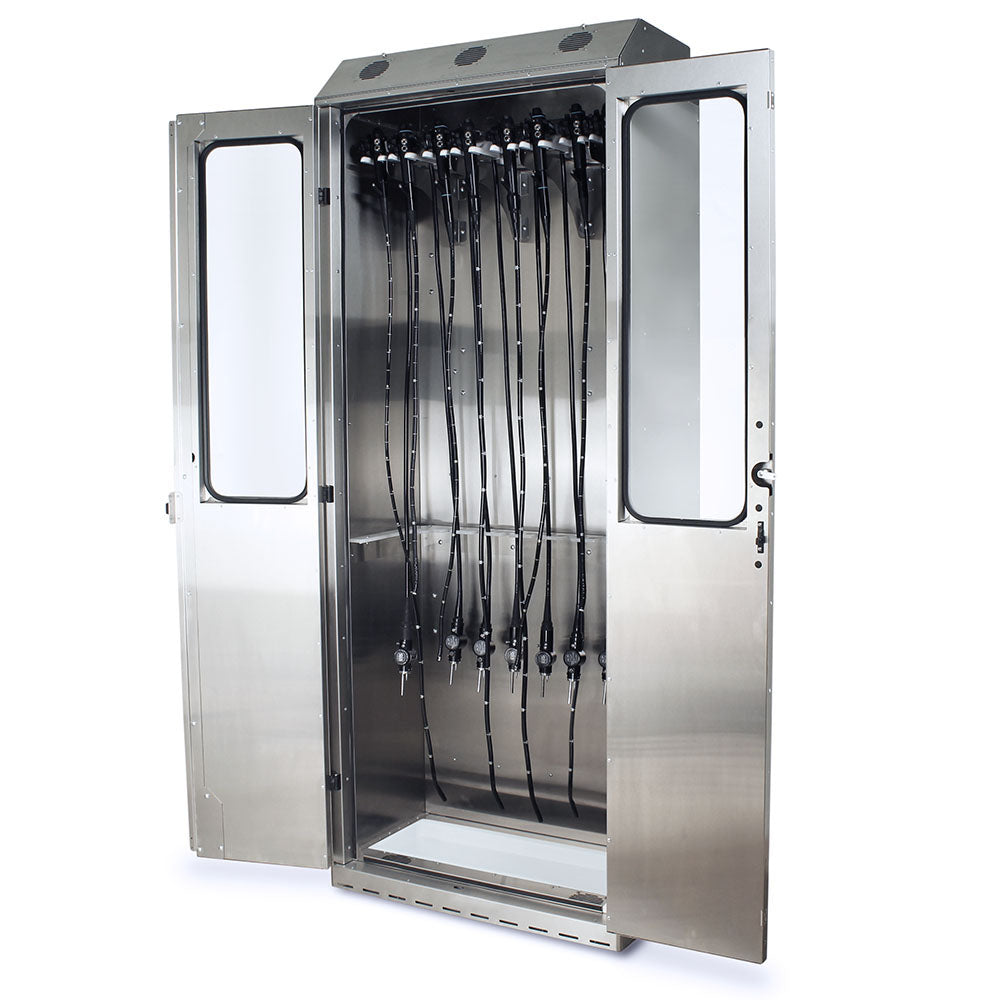 SureDry Stainless Endoscope Cabinet, open with scopes, left front view