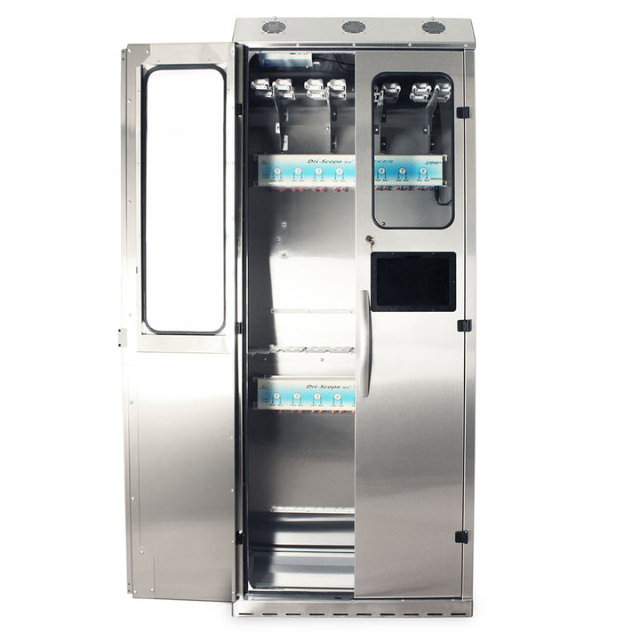 SureDry Smart Scope Cabinet open with stainless interior and scope mounts