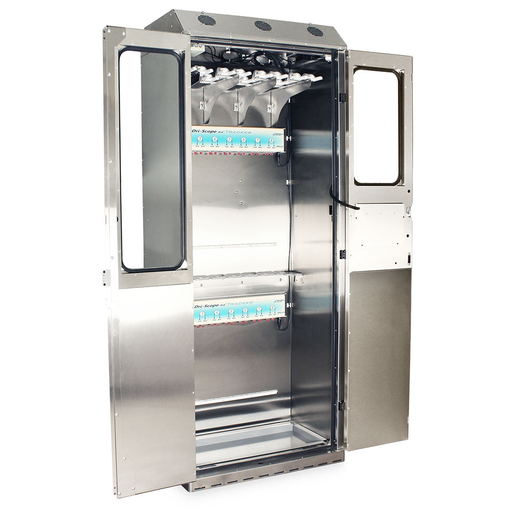 Side view of SureDry Stainless 14-Scope Cabinet with Tracker display