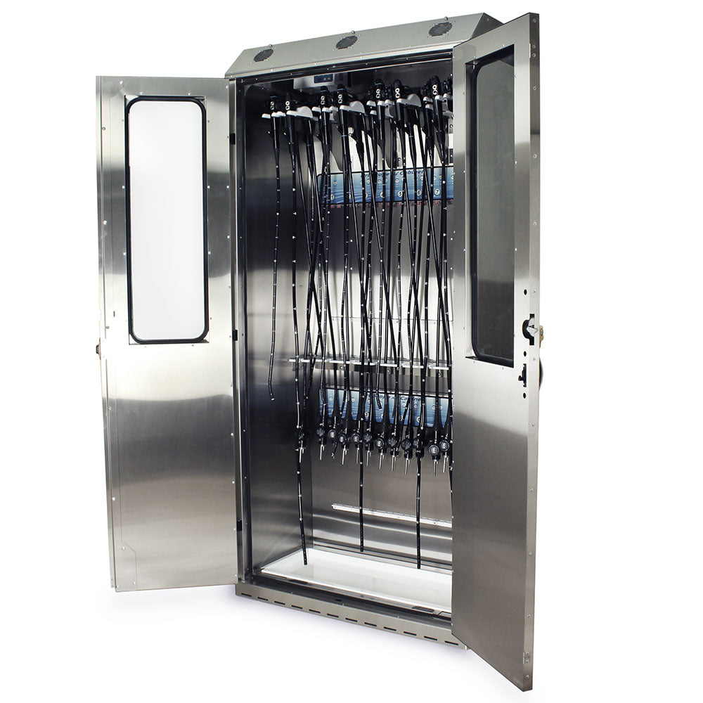 SureDry Stainless High Volume 16?Scope Cabinet with Dri?Scope Aid® and E?Lock, open with scopes