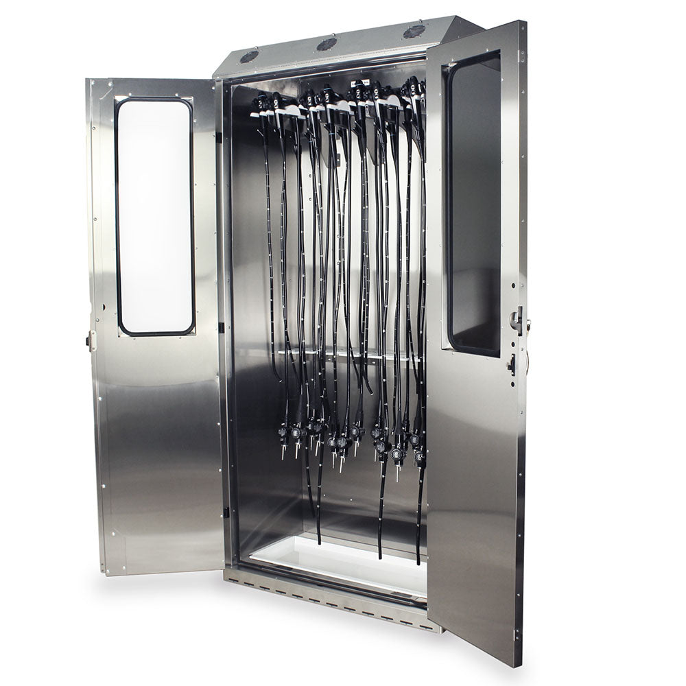 SureDry Stainless 16?Scope Cabinet open view with mounted scopes and HEPA airflow