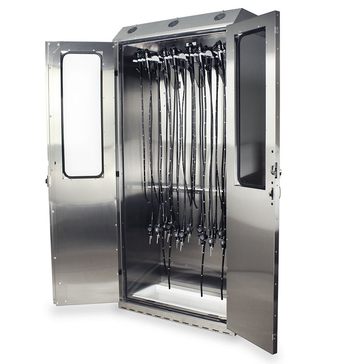 SureDry Stainless 16?Scope Cabinet open view with mounted scopes and HEPA airflow