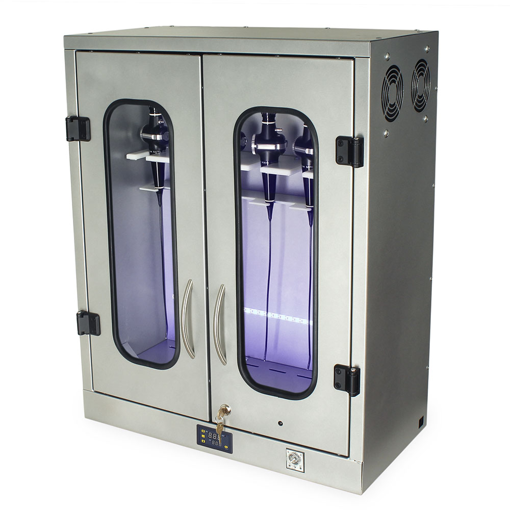 Angle view of UV disinfection LED strip inside scope cabinet