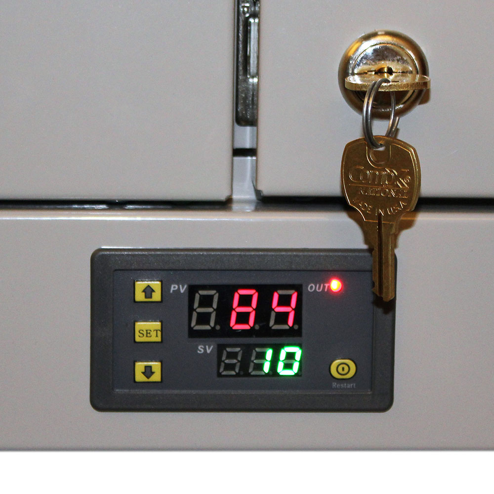 Close-up view of UV LED light timer on Harloff scope cabinet