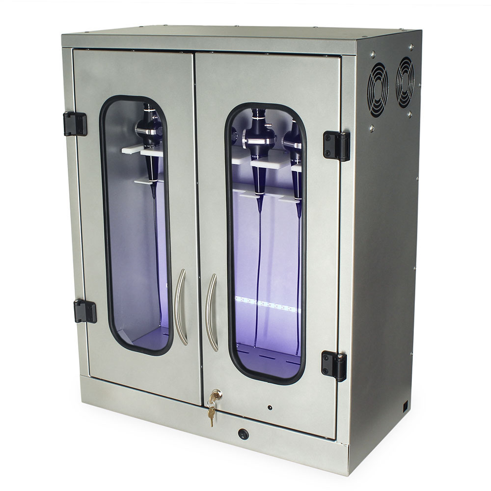 ENT scope cabinet with UV light on for disinfection