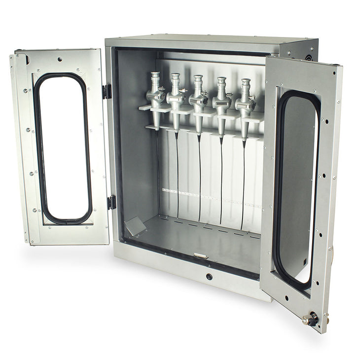 Open ENT scope storage cabinet displaying six hanging ENT scopes