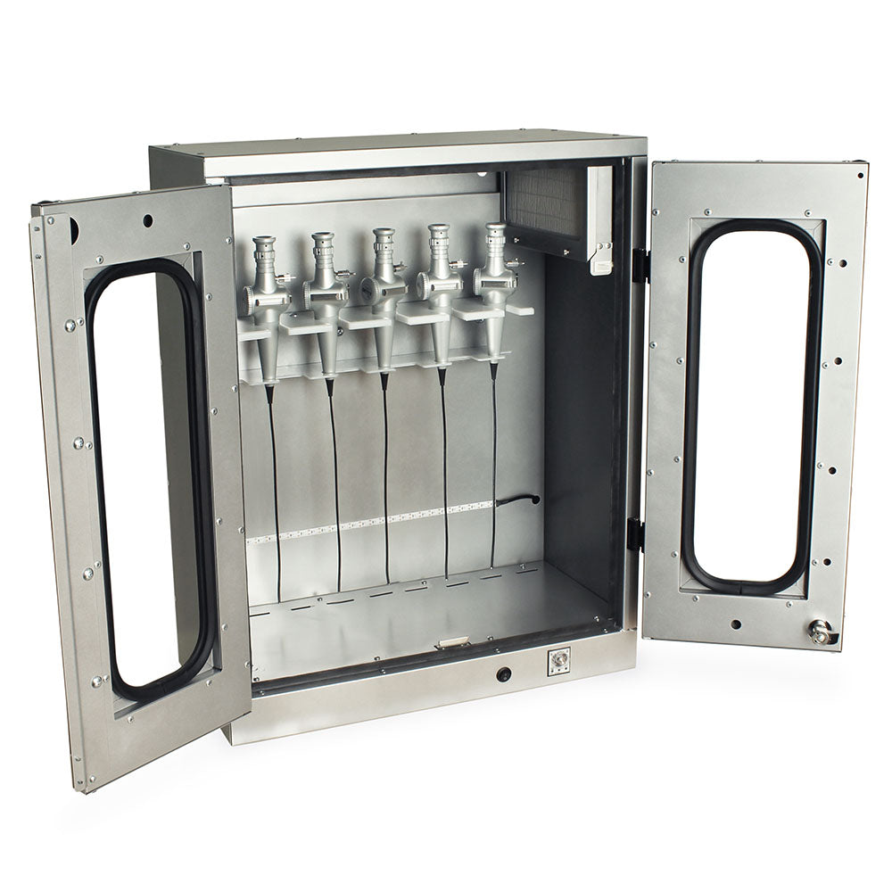 ENT scope drying cabinet wall mount open with silver scopes