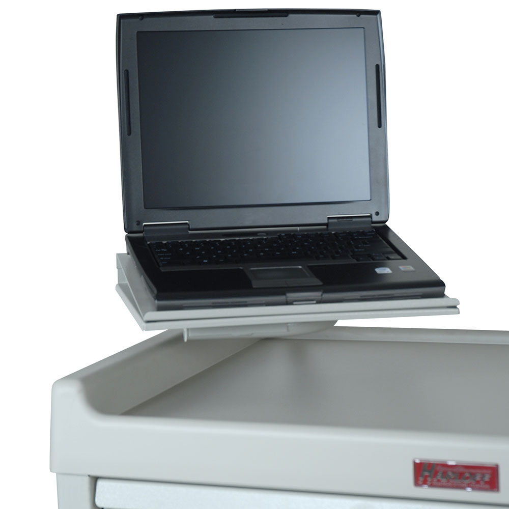 Laptop shelf for medical carts mounted on Harloff cart adjustable height swivel design
