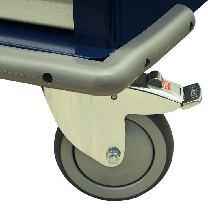 Caster wheel close-up of navy blue punch card medication cart SL600PC