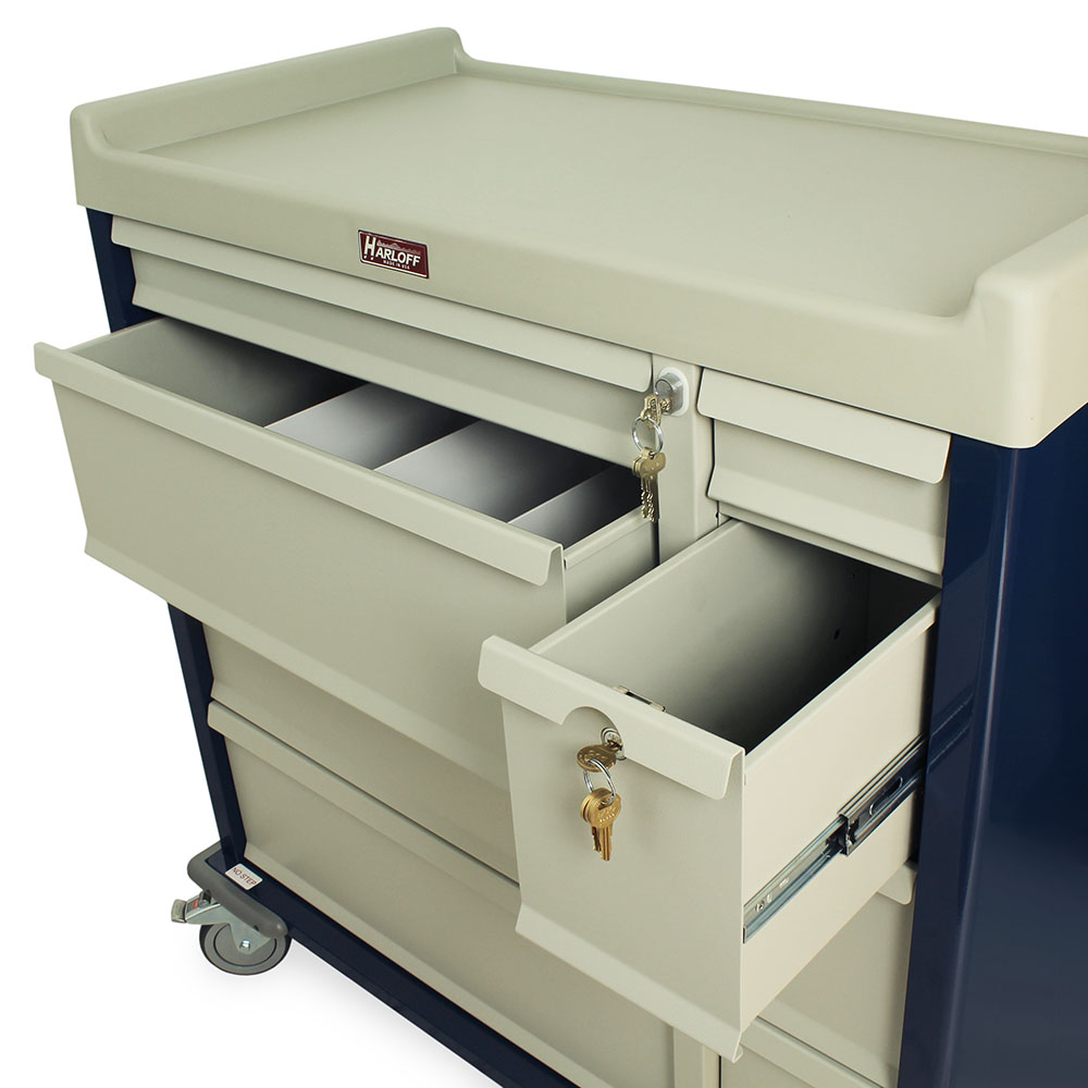 Open drawer of navy blue punch card medication cart SL600PC