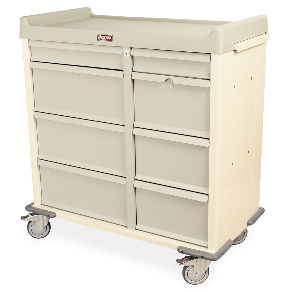Side view of Punch Card Medication Cart with Lock Box in cream finish, dual locking drawers