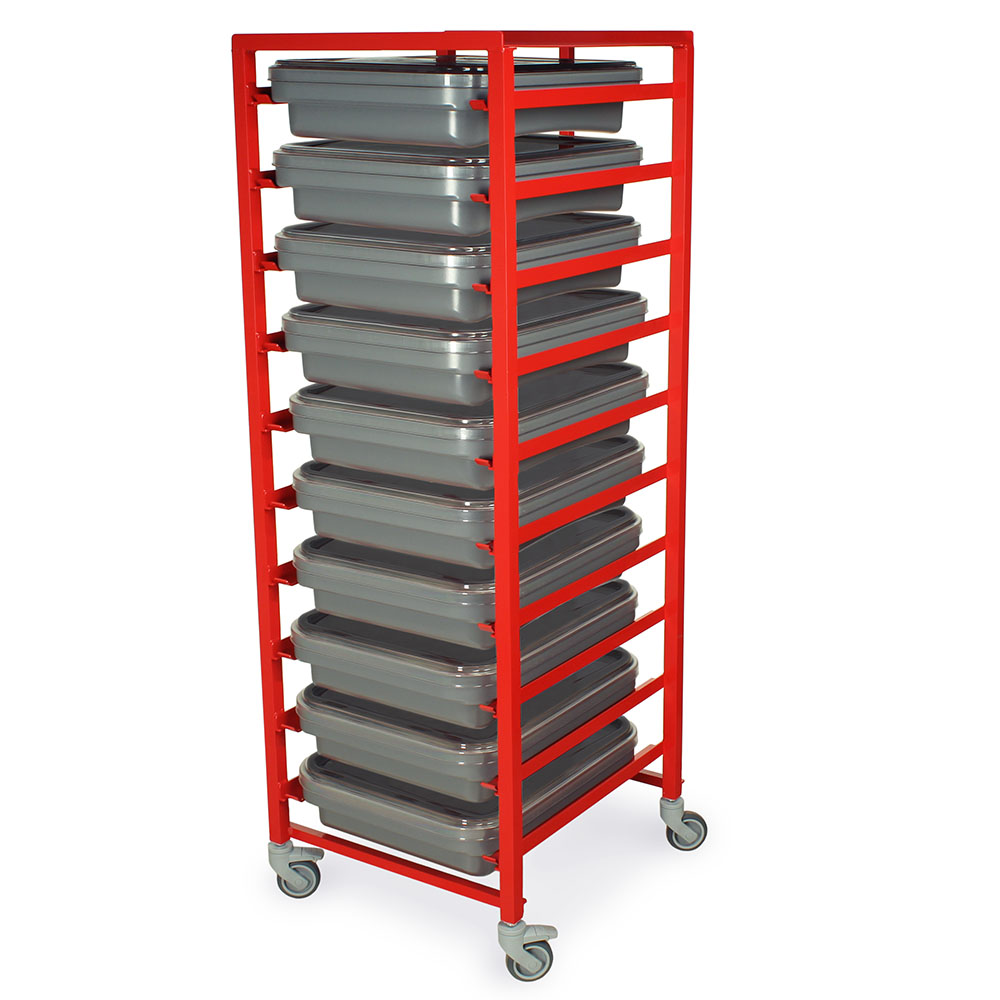 Scope transport cart holding black plastic scope trays