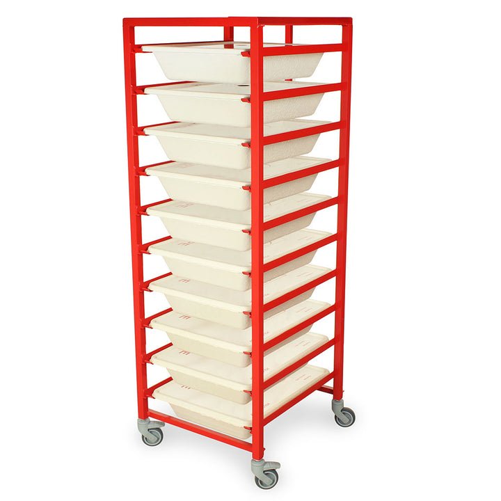 Scope tray cart loaded with cardboard trays marked soiled