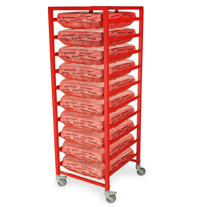 Red scope tray cart with red plastic trays marked soiled