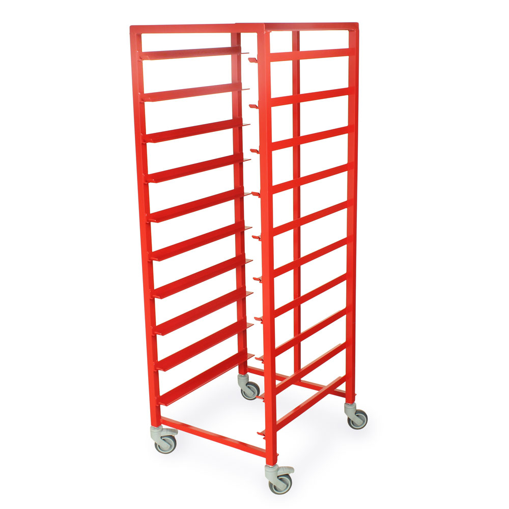 Scope transit cart with red frame and empty tray slots