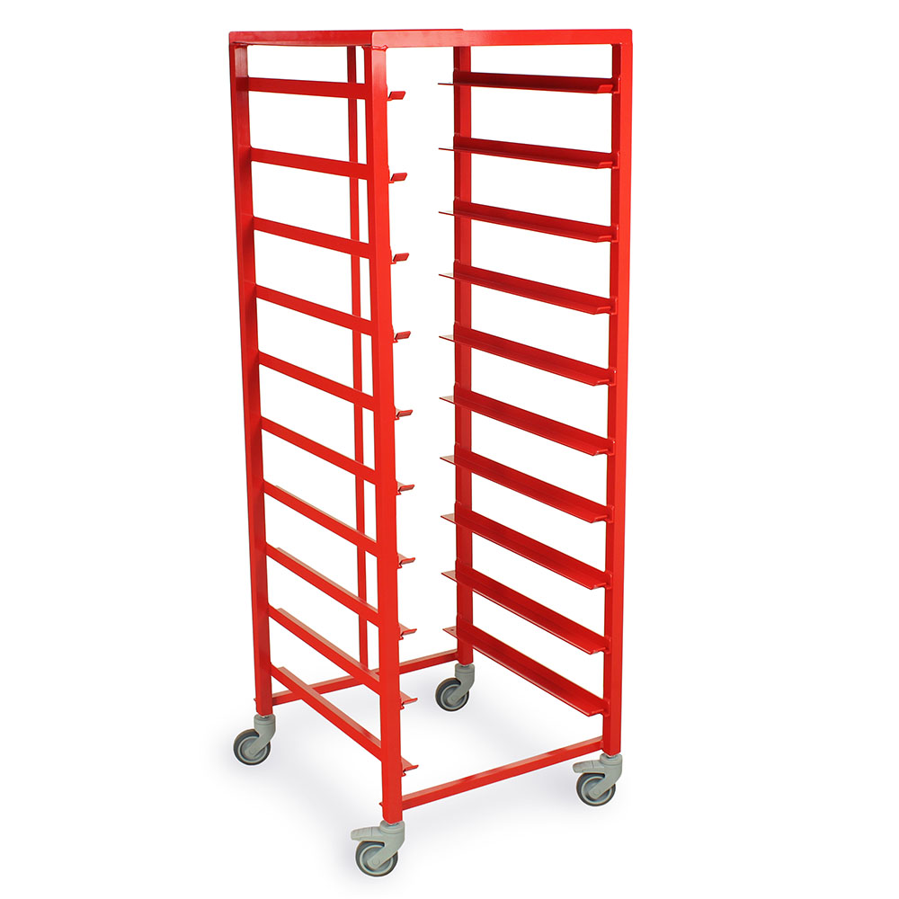 Right-side view of empty red frame scope transport cart