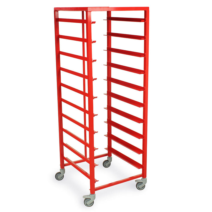 Right-side view of empty red frame scope transport cart