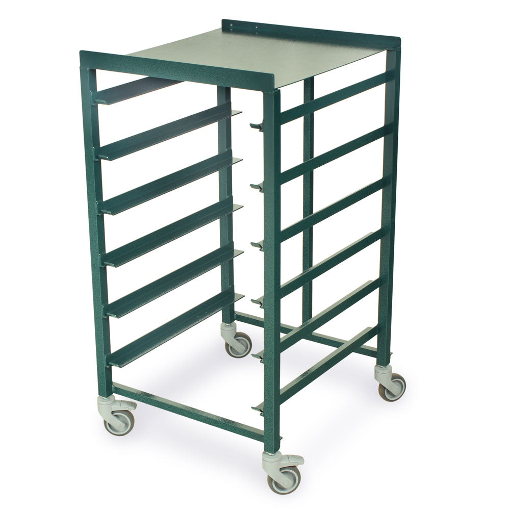 Green scope transit cart empty with open tray slots