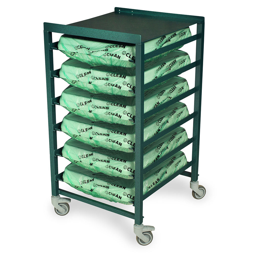 Green endoscope scope transit cart with plastic trays loaded