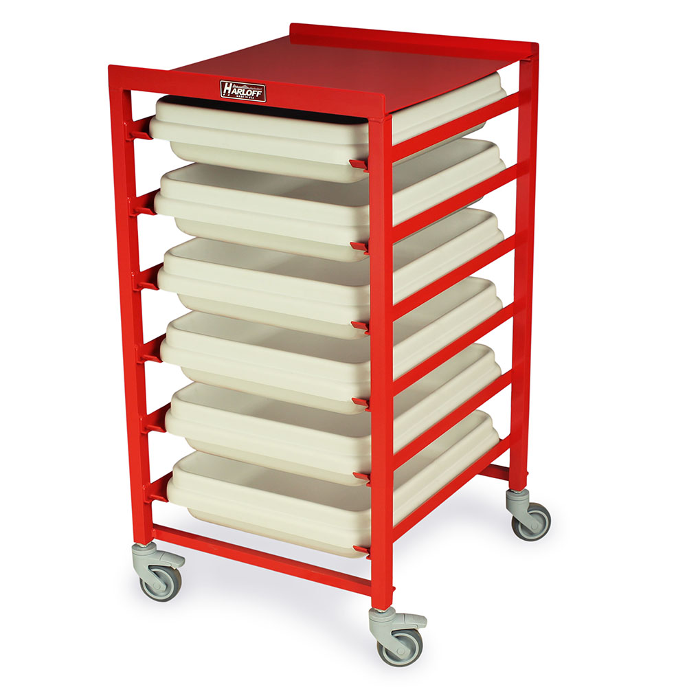 Red cart with beige plastic scope transport trays inserted