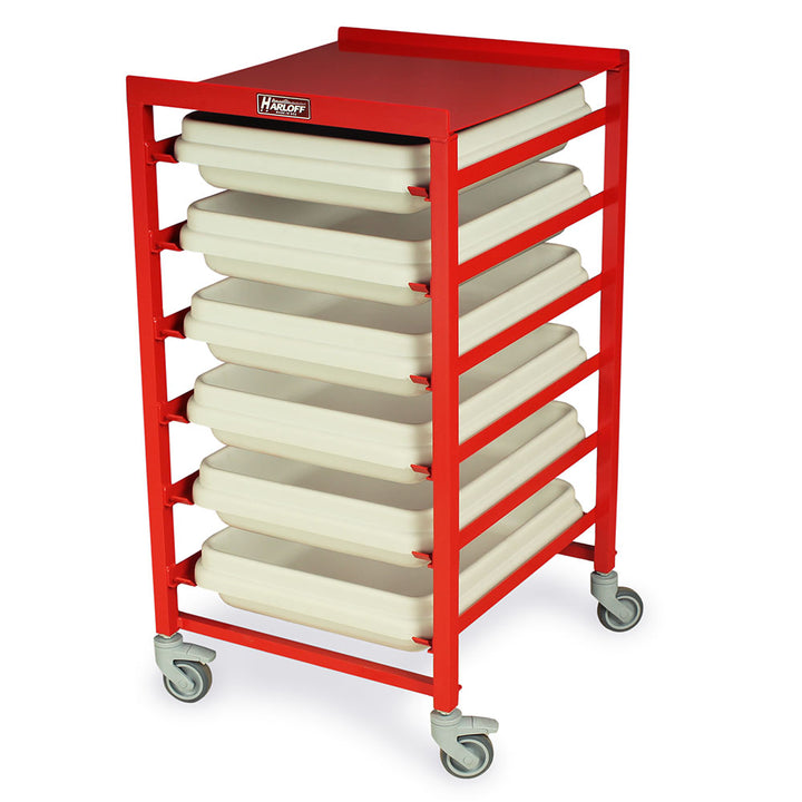 Red cart with beige plastic scope transport trays inserted