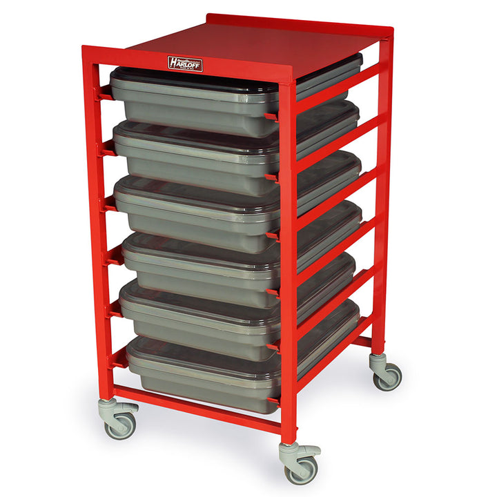 Red cart loaded with gray plastic endoscope trays