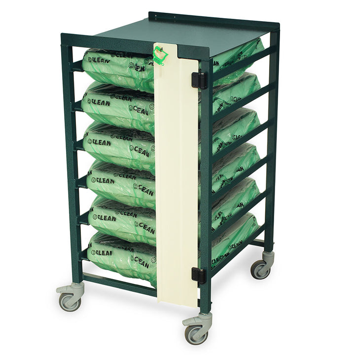 Green scope transit cart with breakaway lock securing flexible endoscope trays
