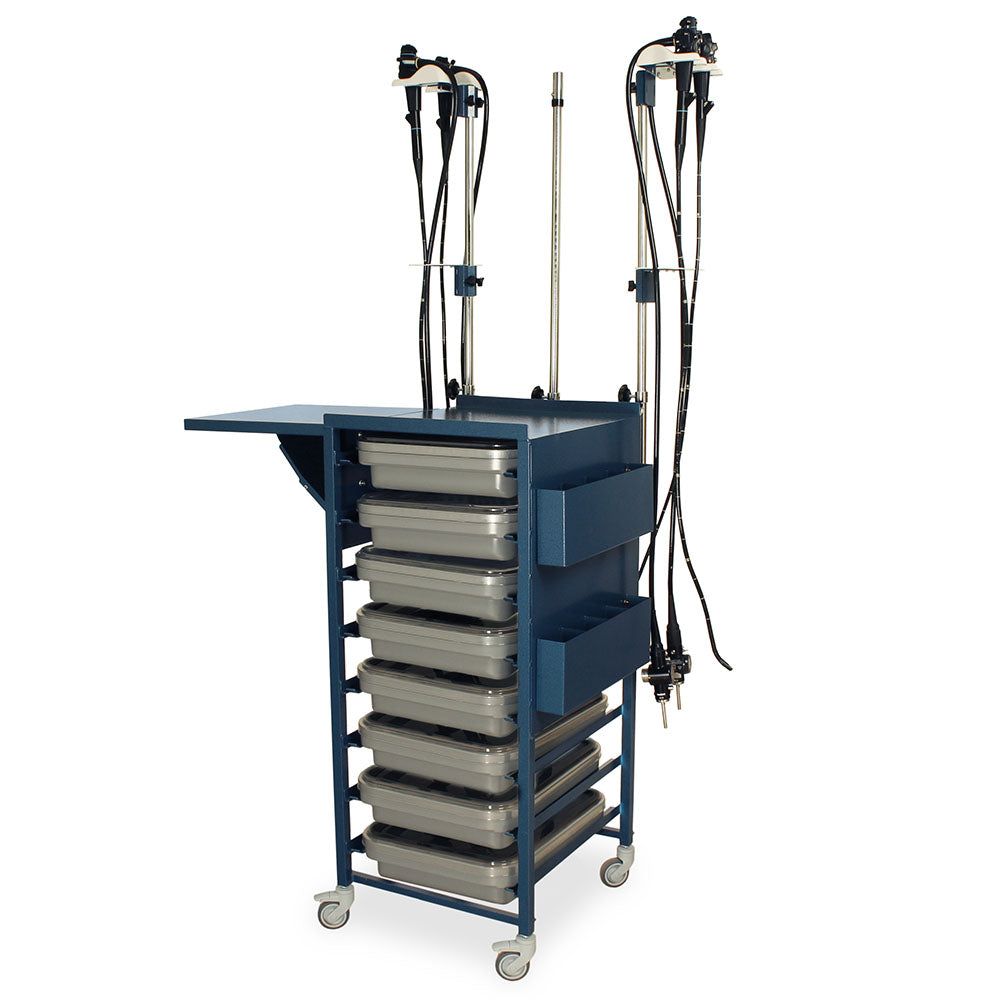 Jet Cart fully loaded with scope trays and hanging endoscopes – blue cabinet