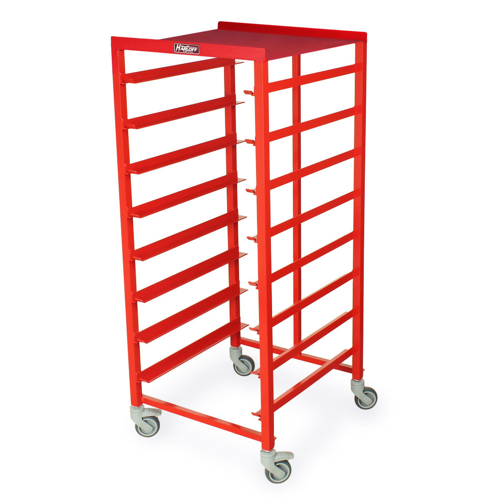 Red scope tray transport cart empty with eight tray slots