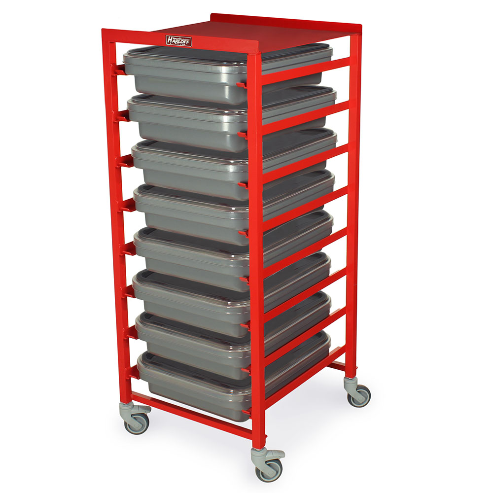 Scope transit cart holding 8 black plastic endoscope trays